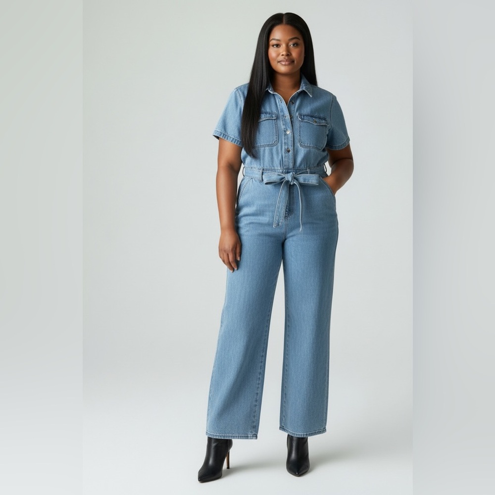 Universal Thread Light Blue Denim Short-Sleeve Utility Jumpsuit